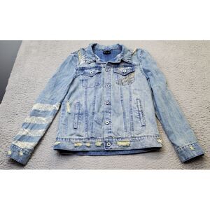 Art Class Trucker Jacket Girls XL Blue Denim Distressed Collared Button Front